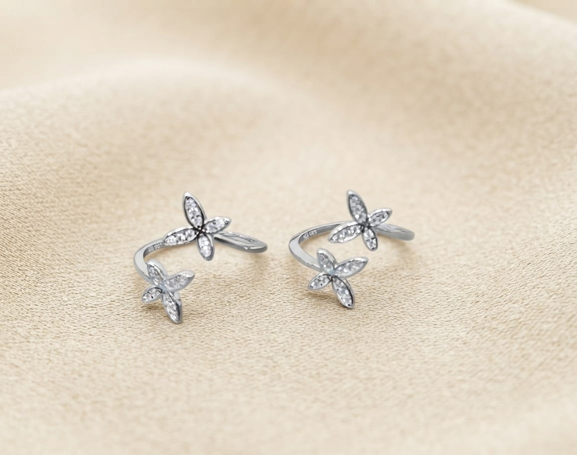 Twin Zircon Flower Wrap Silver Toe Rings