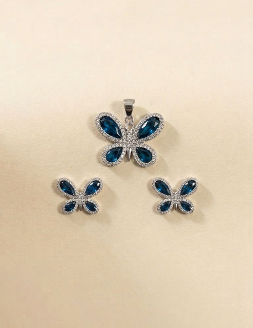 Blue Butterfly Zircon Silver Pendant Set