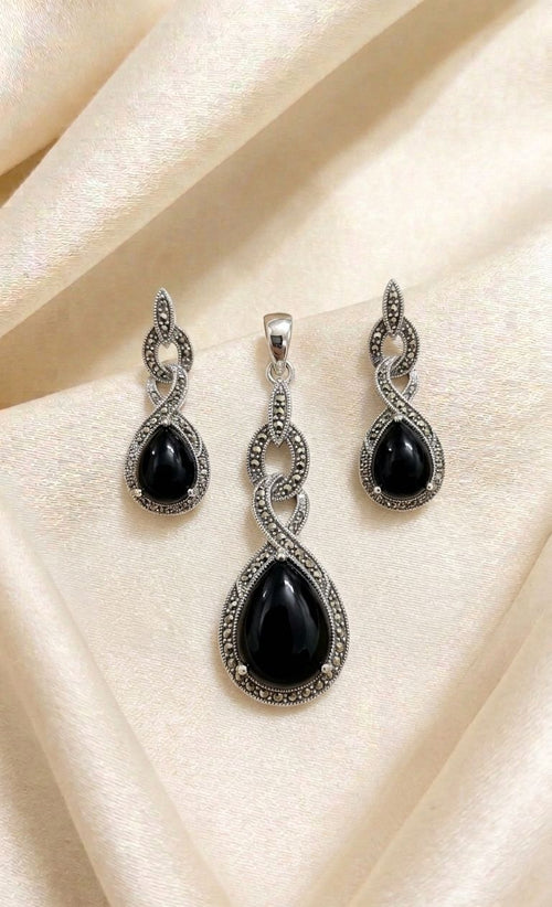Black Onyx Marcasite Twist Silver Pendant Set