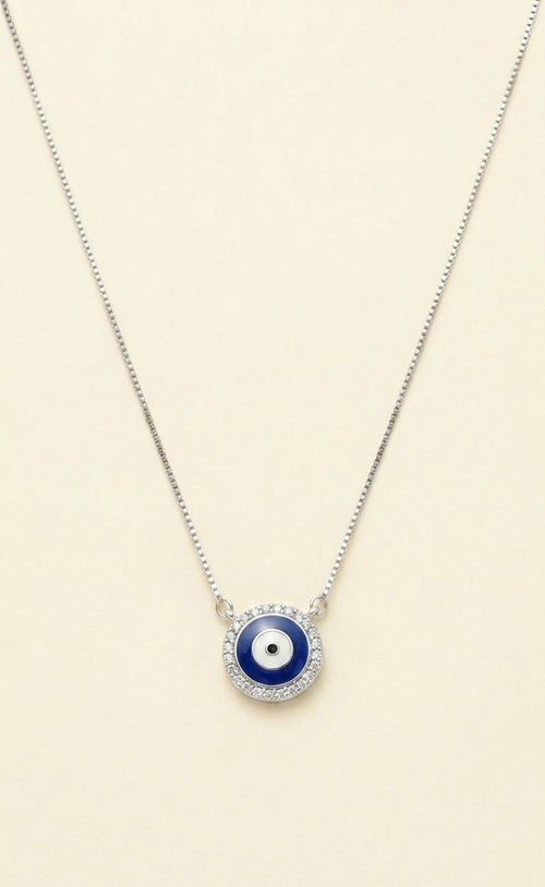 Blue Evil Eye Round Halo Silver Necklace