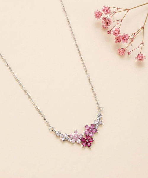 Cherry Blossom Pink Zircon Silver Necklace