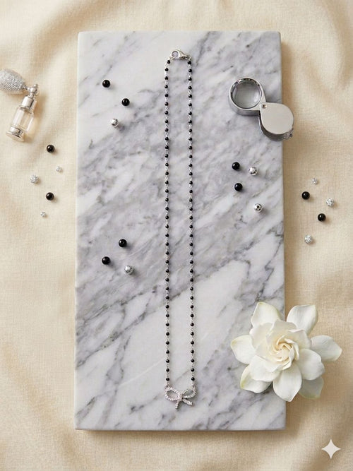Dainty Bow Long Black Bead Silver Mangalsutra