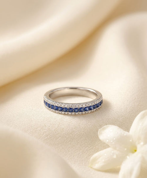 Blue Stone Triple Row Band Silver Ring
