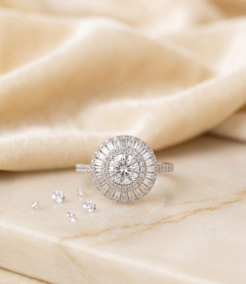 Baguette Double Halo Solitaire Silver Ring