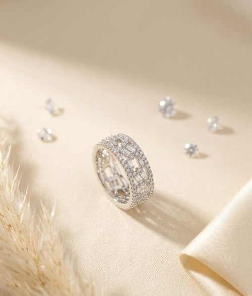 Baguette Grid Broad Band Silver Ring