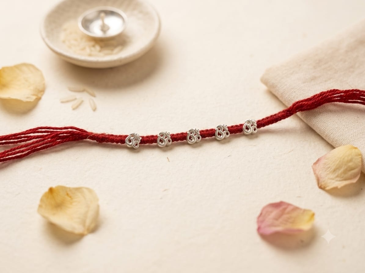 Five Silver Bead Red Thread Rakhi