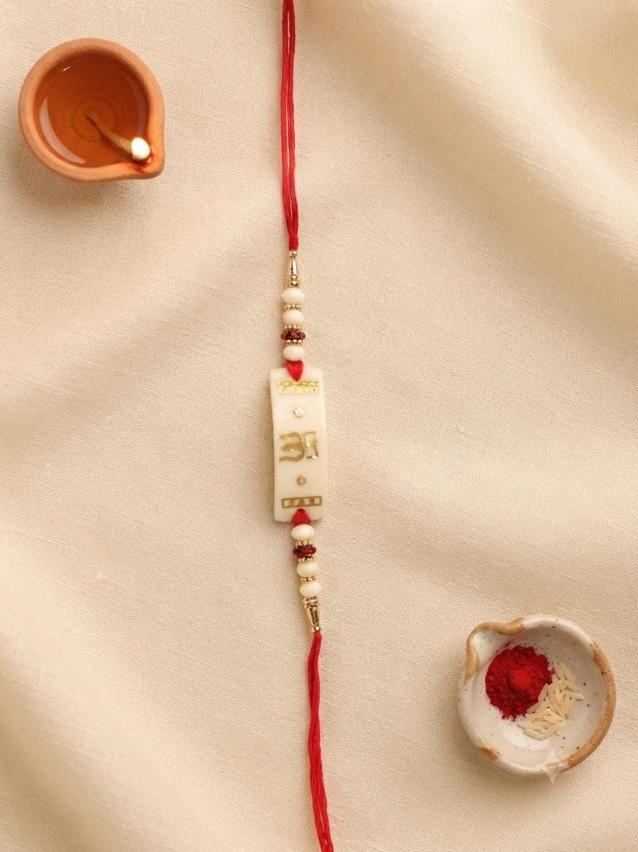 Gold Plated Om Pearl White Rakhi