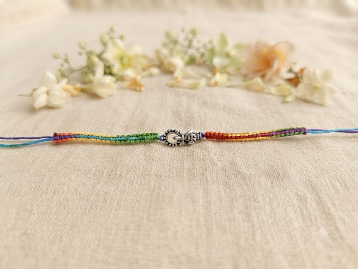Rainbow Thread Silver Flower Rakhi