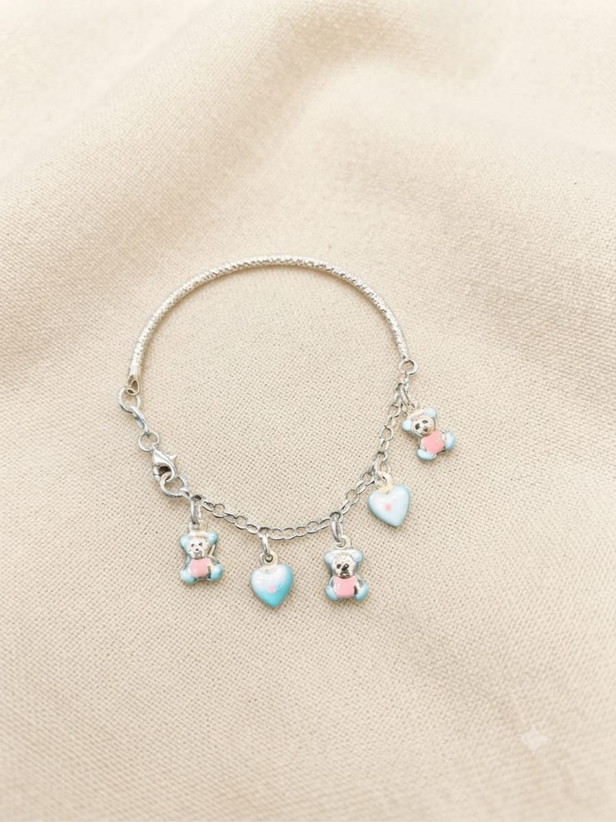 Teddy & Hearts Charm Kids Silver Bracelet