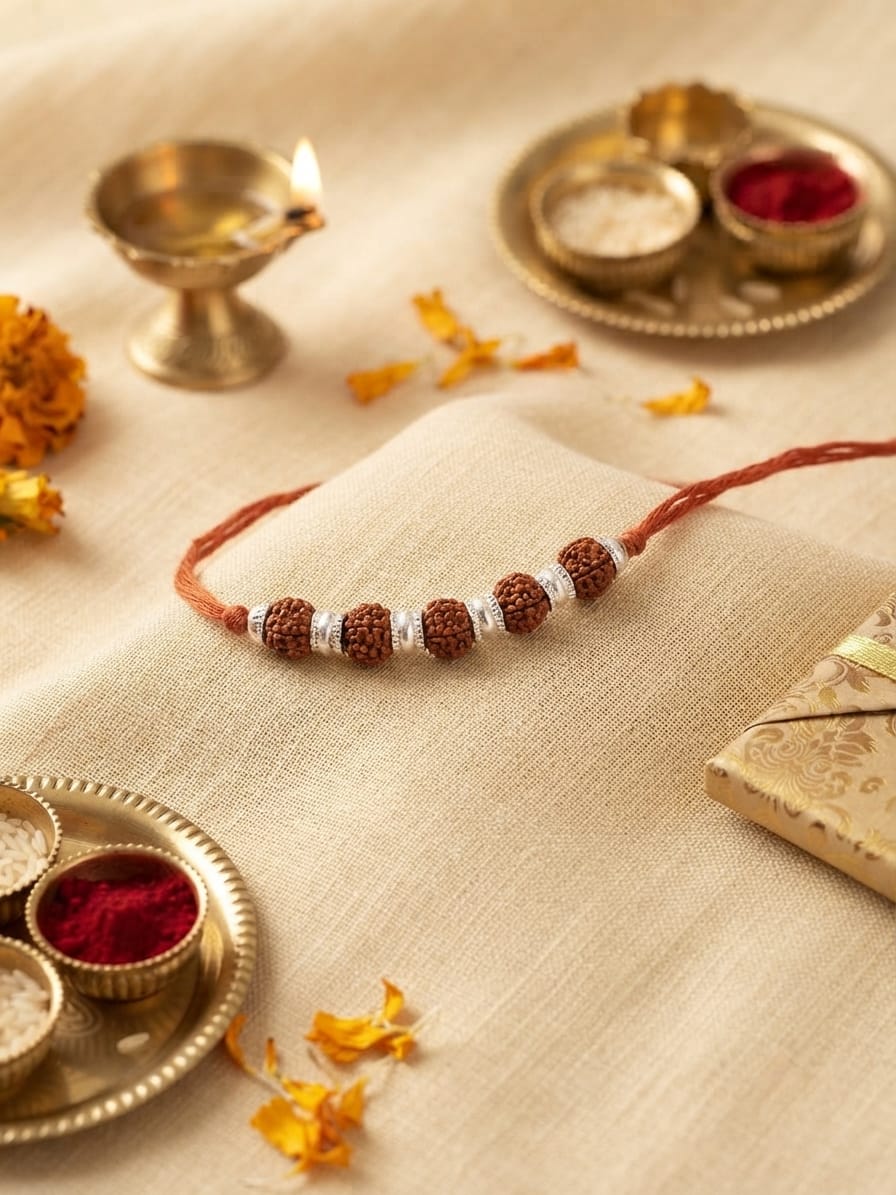 Five Rudraksha Zircon Silver Rakhi