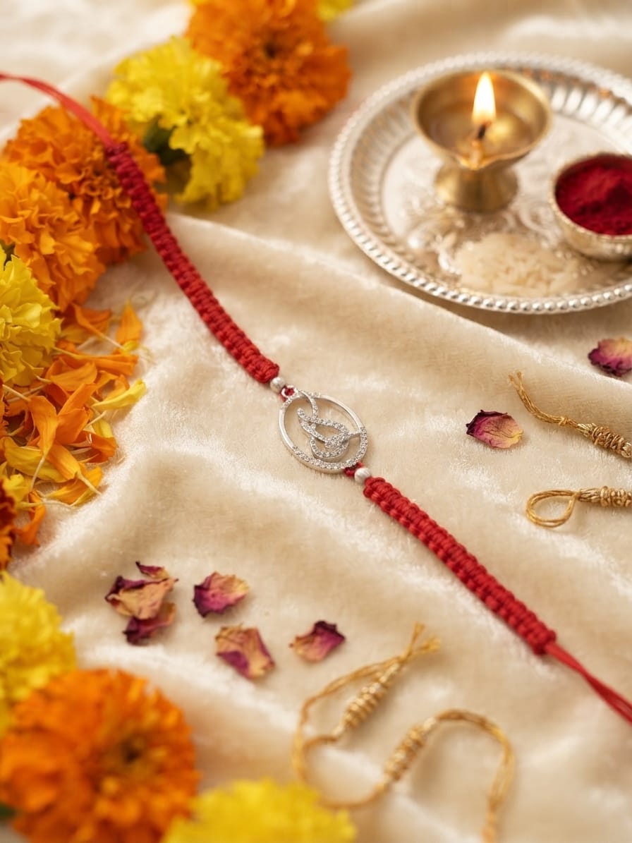 Zircon Paisley Red Thread Silver Rakhi