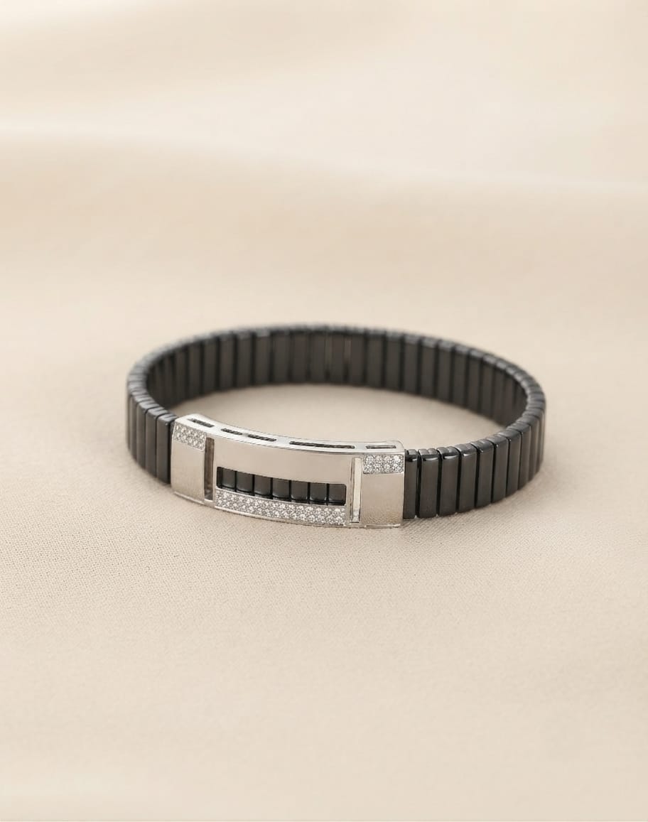Zircon Frame Black Ribbed Men's Bracelet