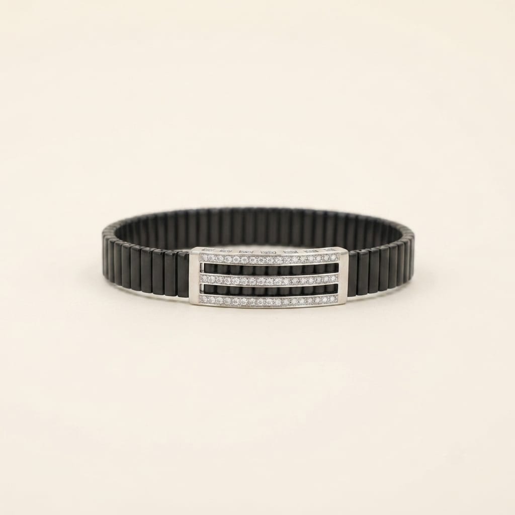 Black Baguette Plate Ribbed Men's Bracelet