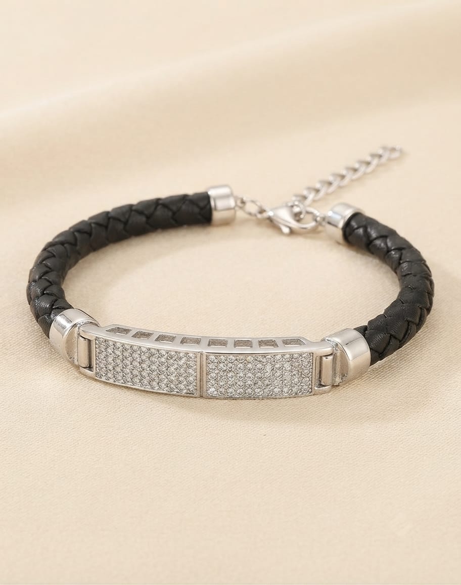 Pave ID Braided Leather Men's Bracelet