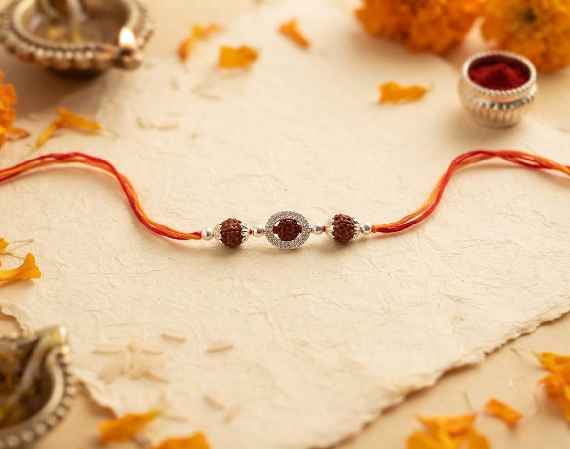 Zircon Oval Rudraksha Silver Rakhi