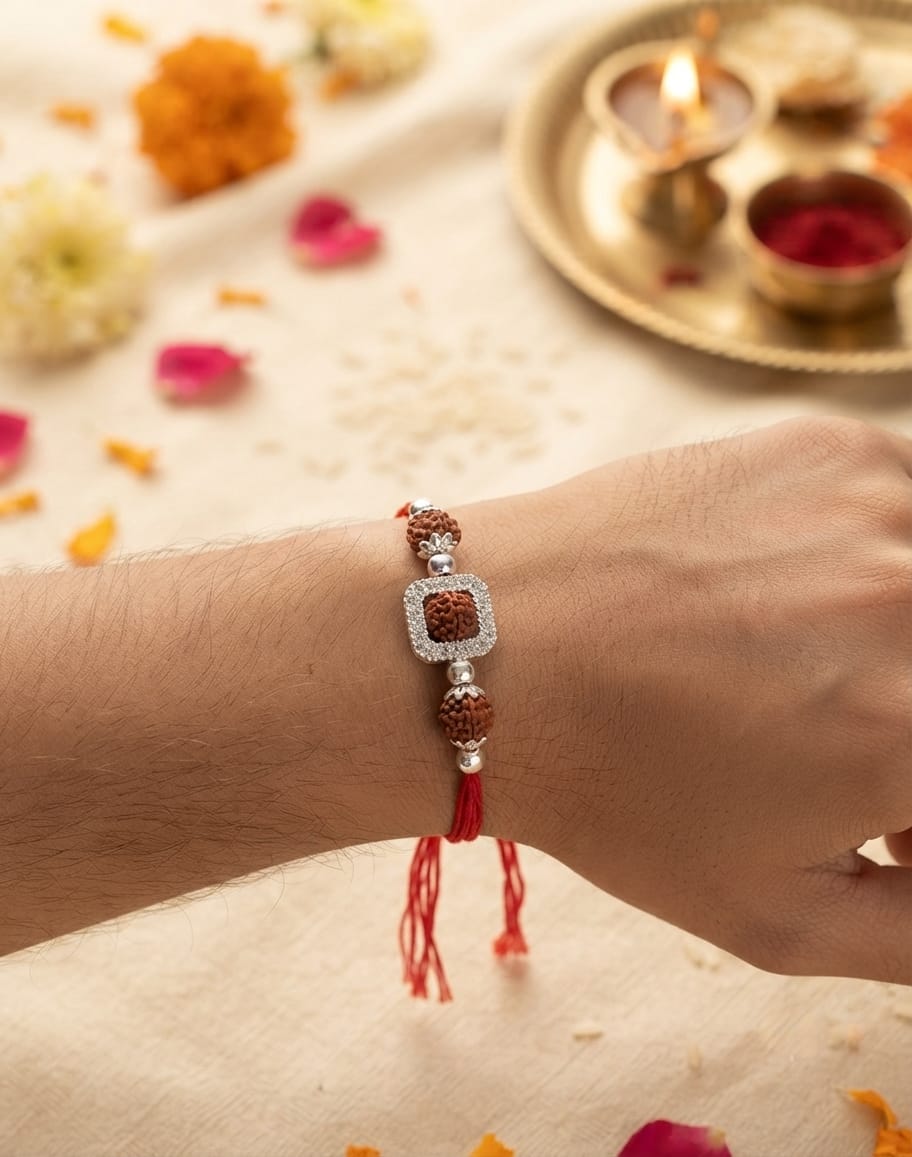 Zircon Square Rudraksha Silver Rakhi