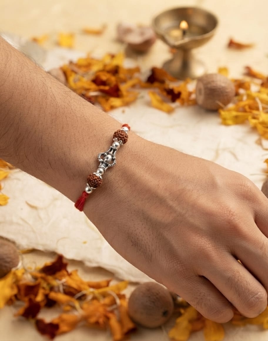 Damru Charm Rudraksha Silver Rakhi - view 2