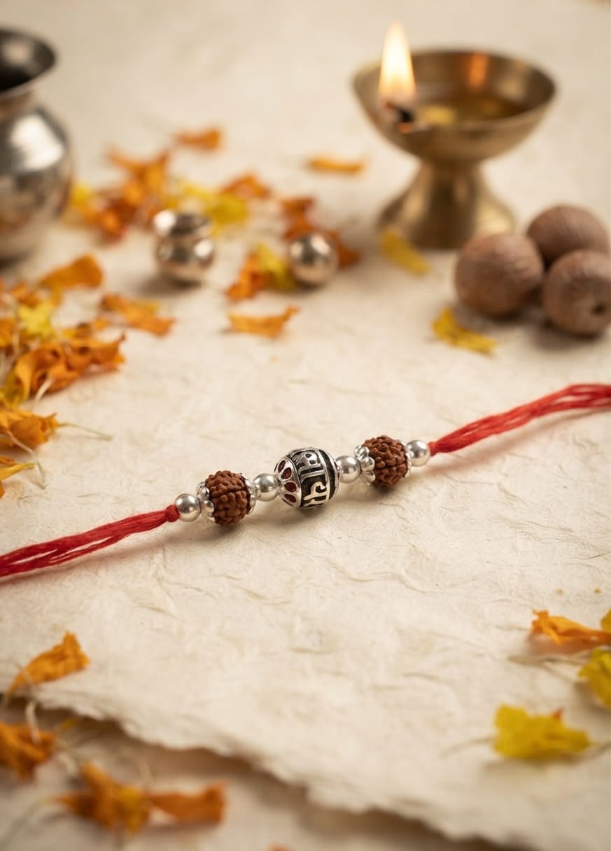 Floral Barrel Rudraksha Silver Rakhi