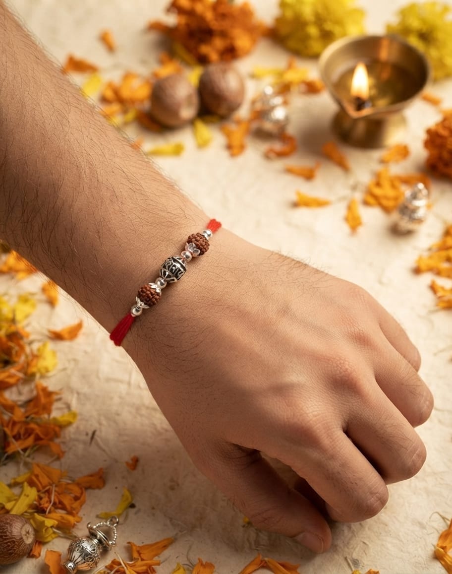 Floral Barrel Rudraksha Silver Rakhi - view 2