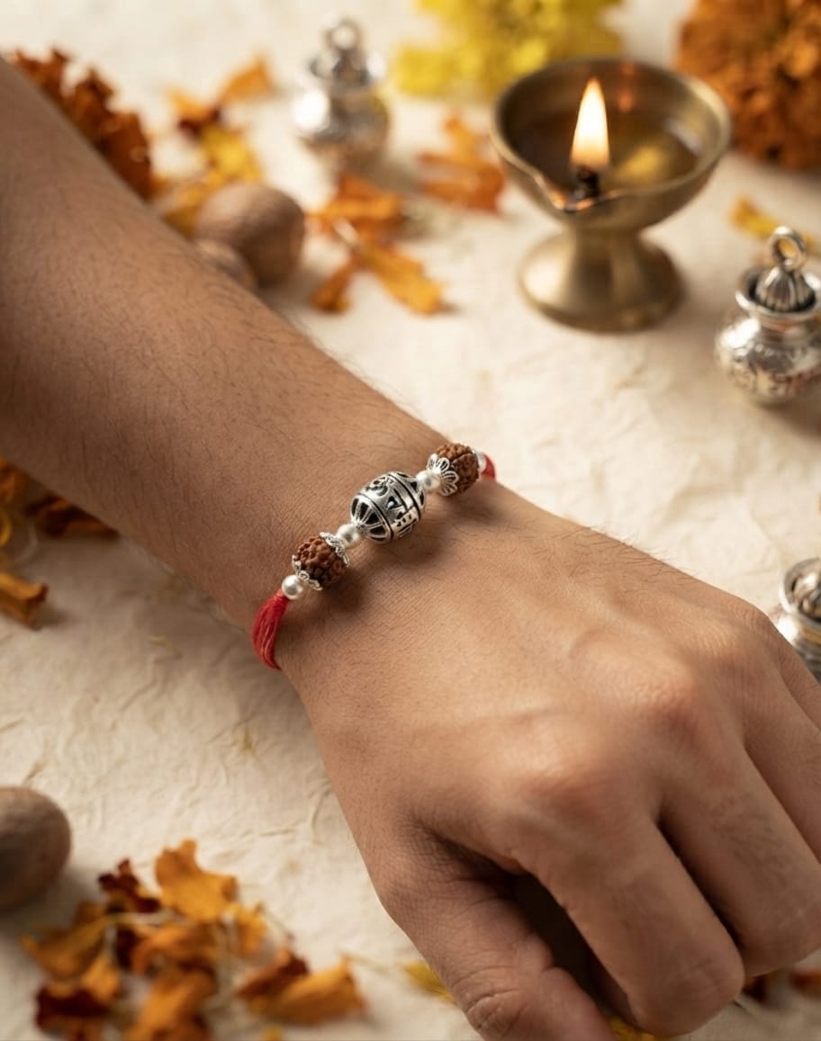 Striped Cylinder Rudraksha Silver Rakhi