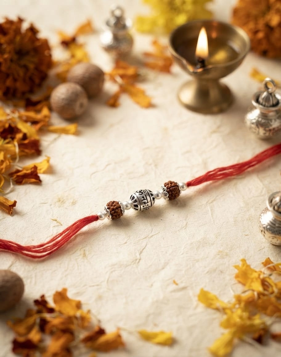 Striped Cylinder Rudraksha Silver Rakhi - view 2