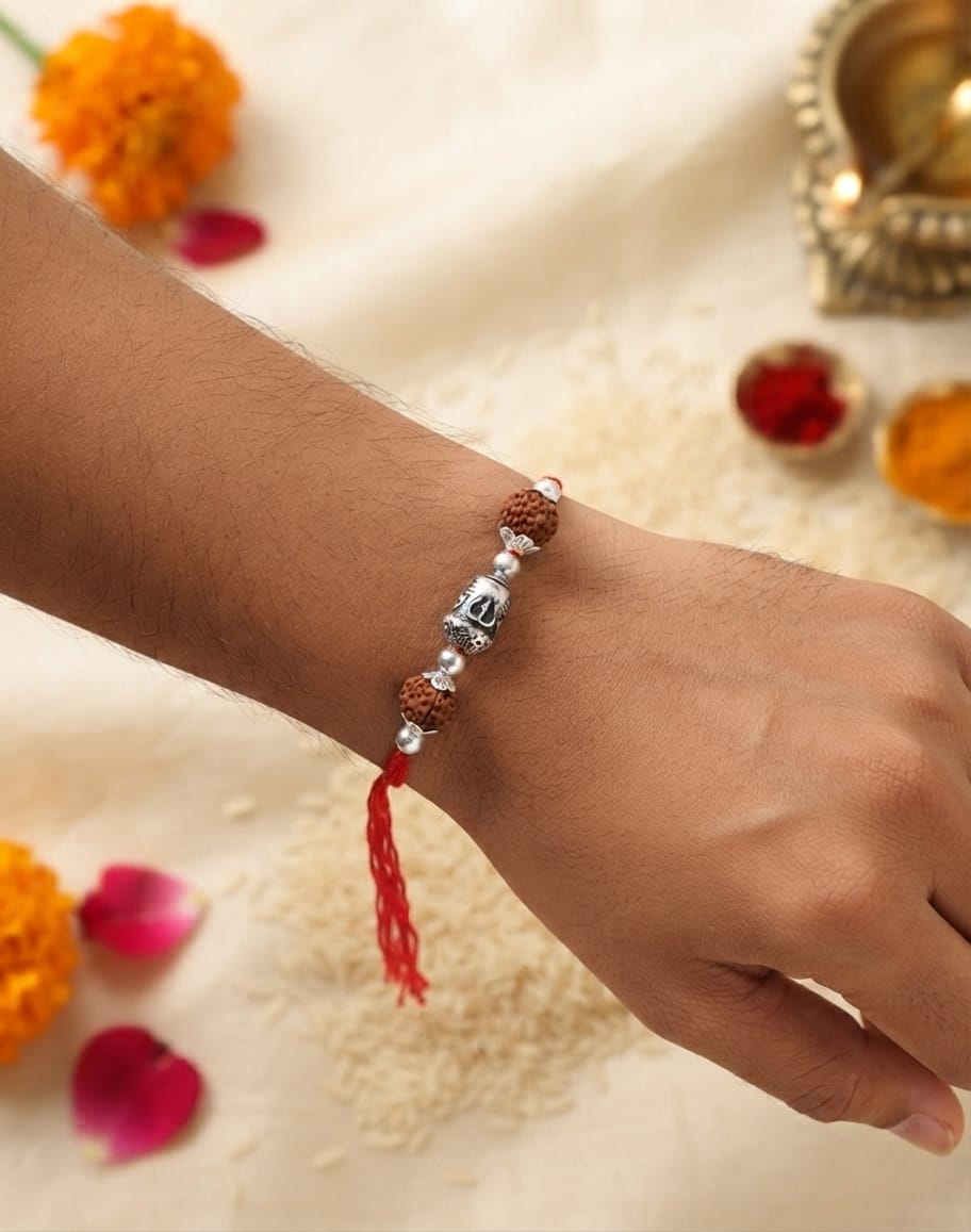 Trishul Crown Rudraksha Silver Rakhi - view 2