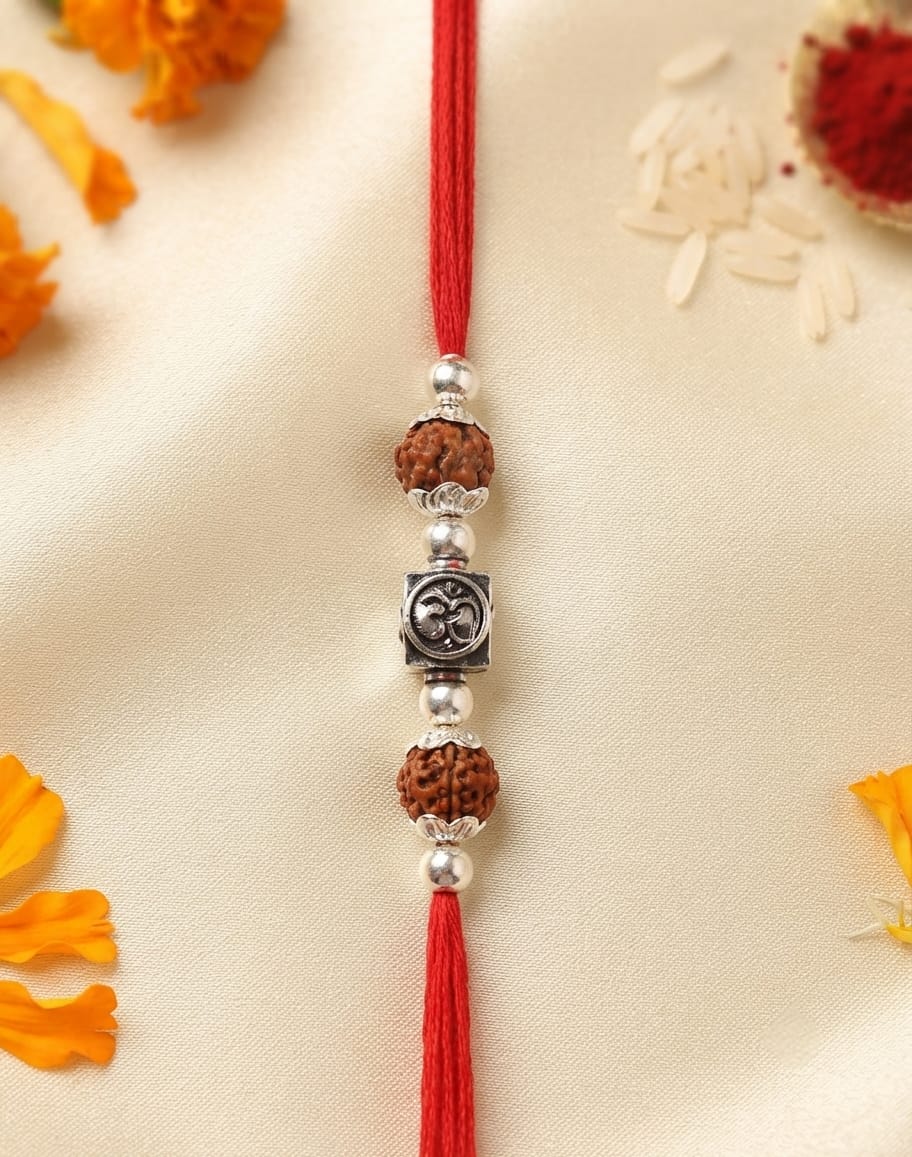 Square Om Bead Rudraksha Silver Rakhi