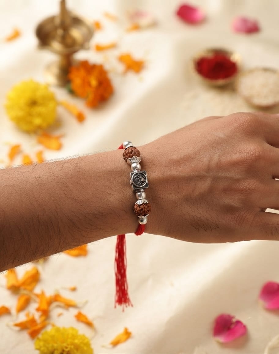 Square Om Bead Rudraksha Silver Rakhi - view 2