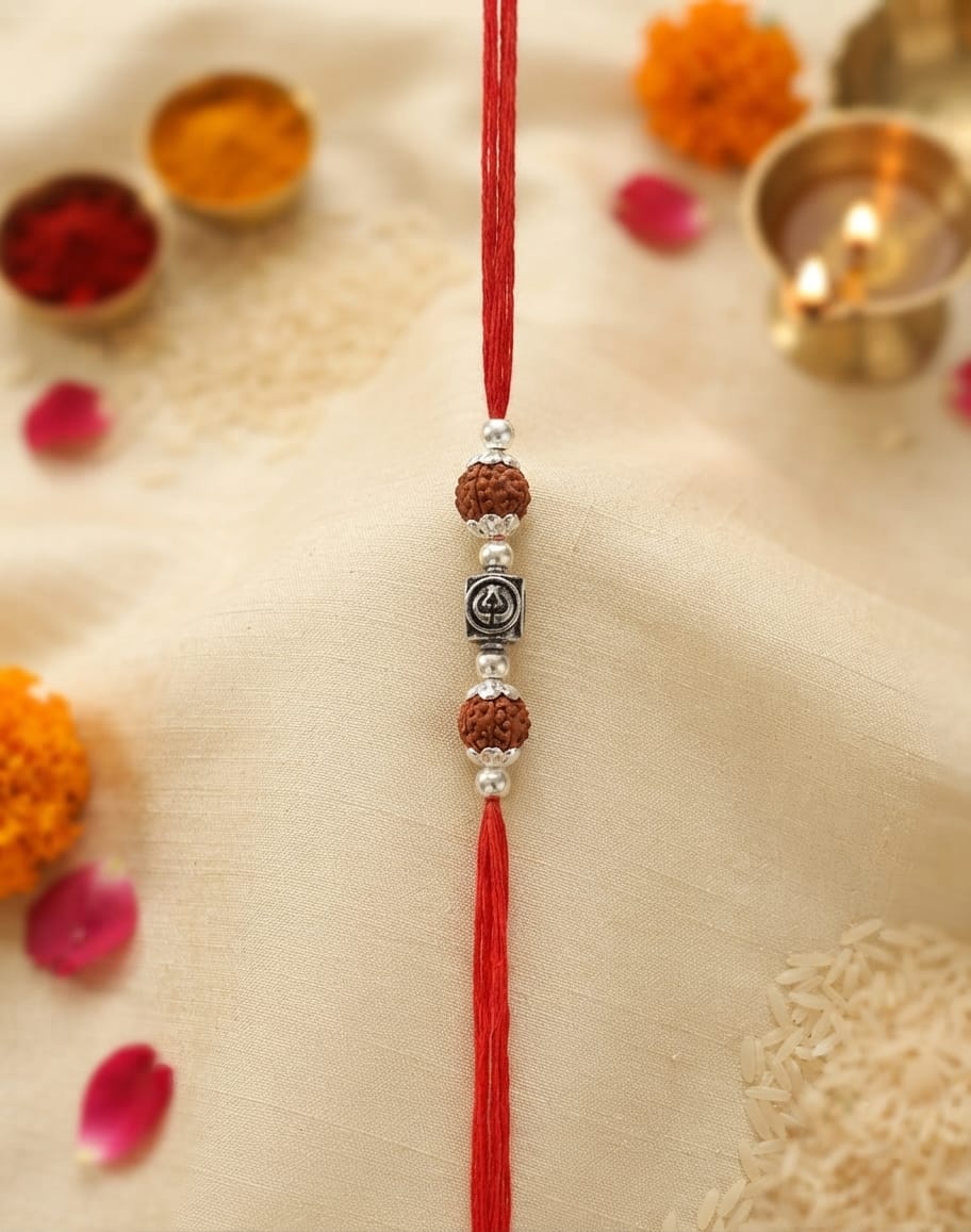 Antique Square Bead Rudraksha Silver Rakhi