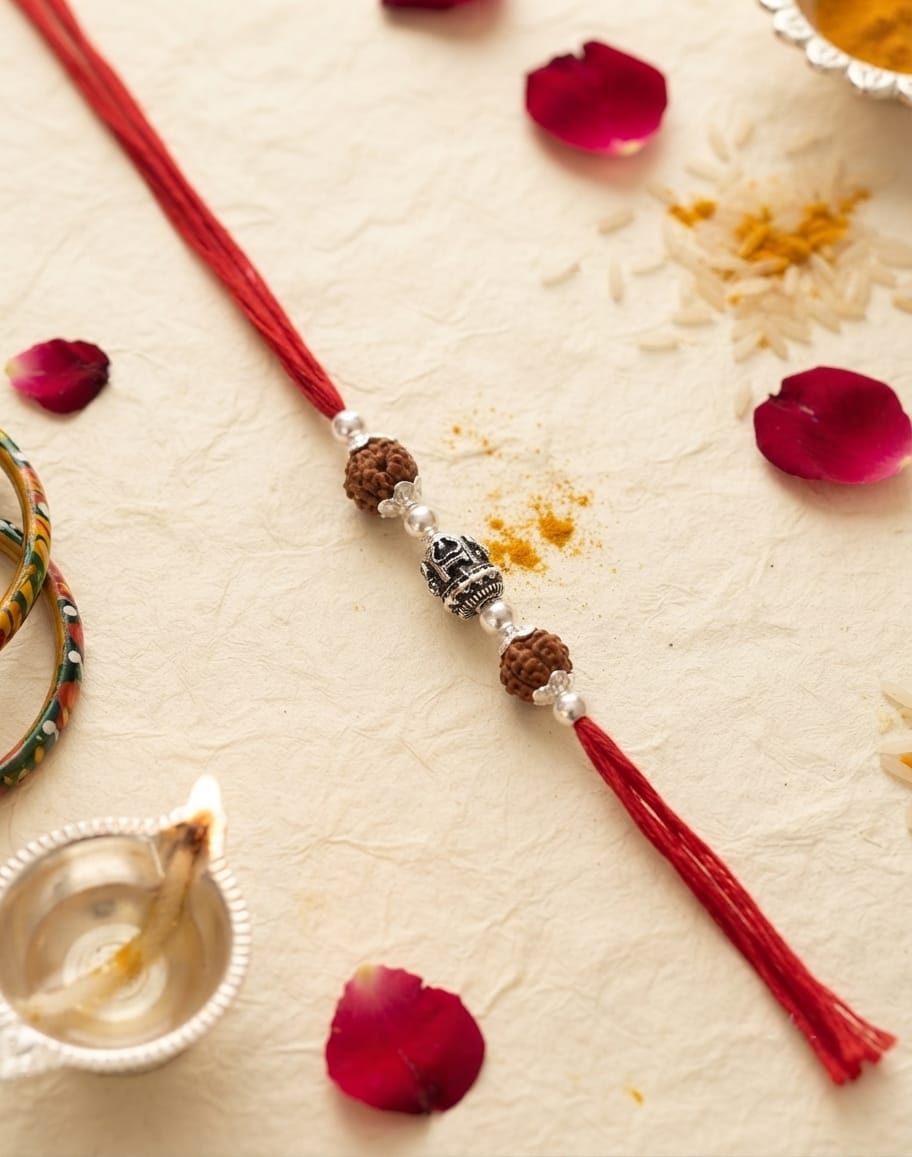 Temple Bead Rudraksha Silver Rakhi