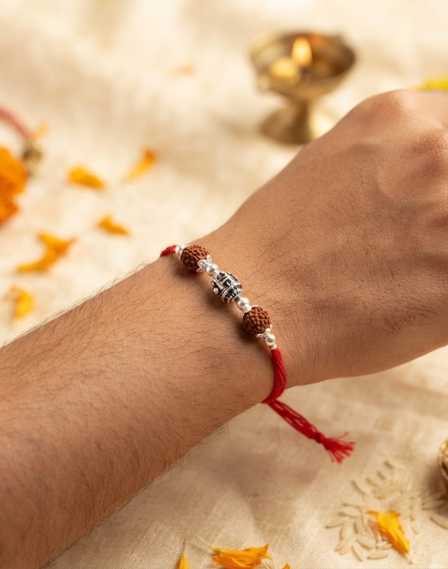 Temple Bead Rudraksha Silver Rakhi - view 2