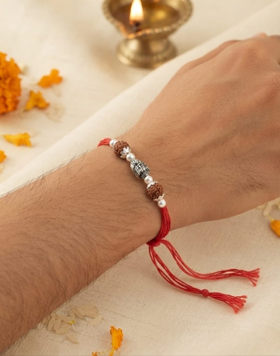 Pearl Accent Cylinder Rudraksha Silver Rakhi