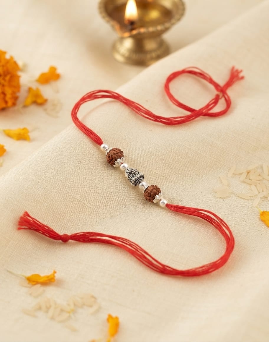Pearl Accent Cylinder Rudraksha Silver Rakhi - view 2