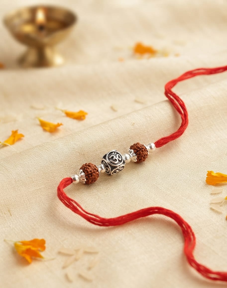 Om Ball Rudraksha Silver Rakhi