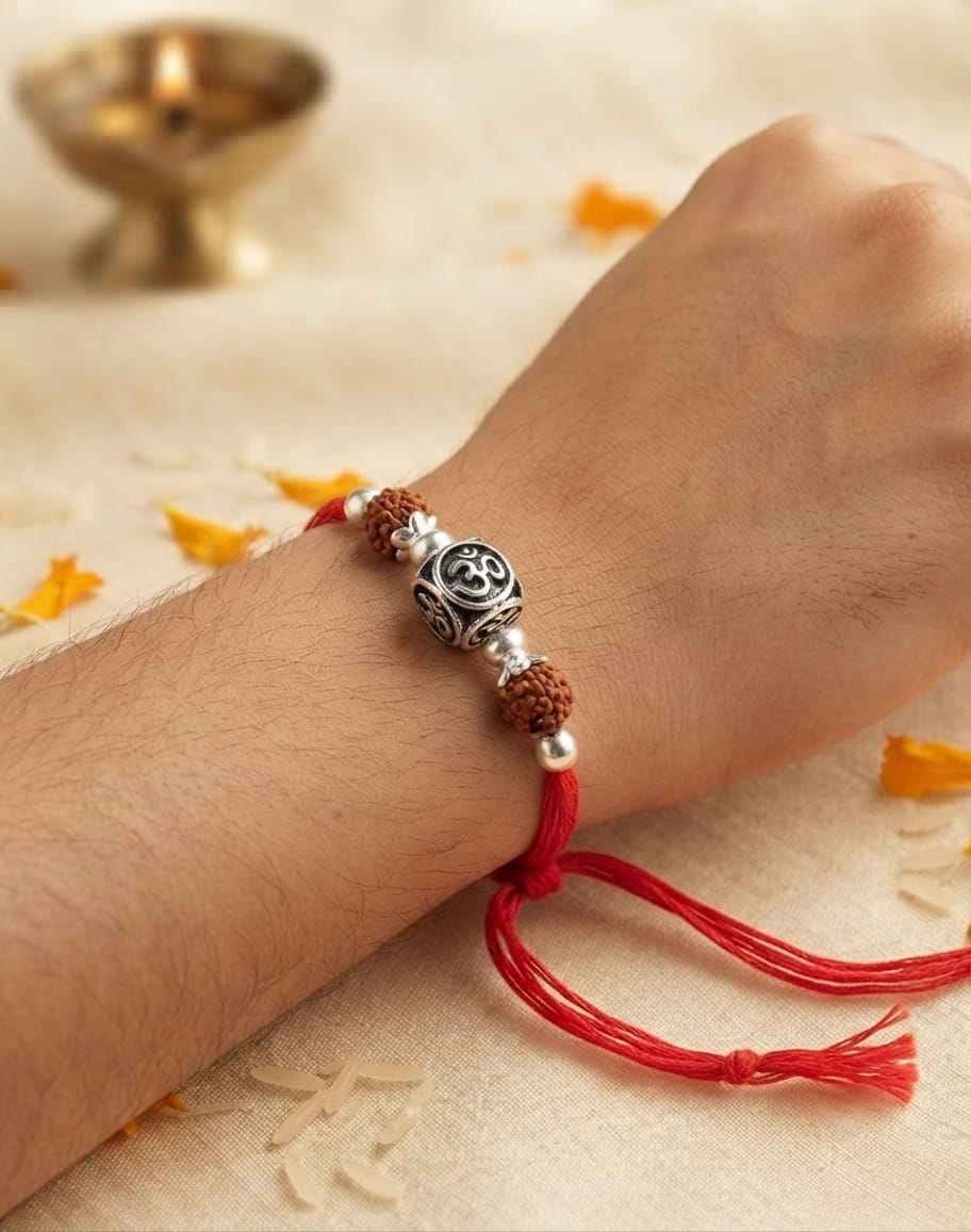 Om Ball Rudraksha Silver Rakhi - view 2