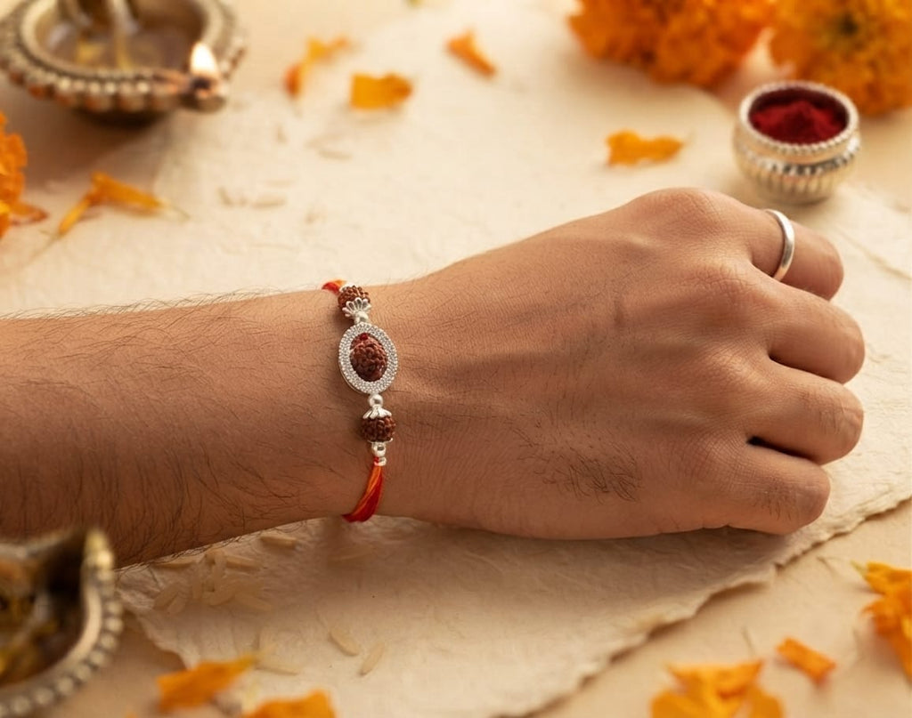 Zircon Oval Rudraksha Silver Rakhi - view 2
