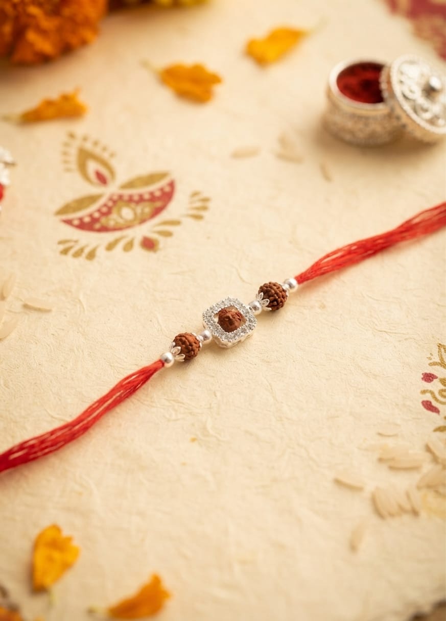 Zircon Square Rudraksha Silver Rakhi - view 2
